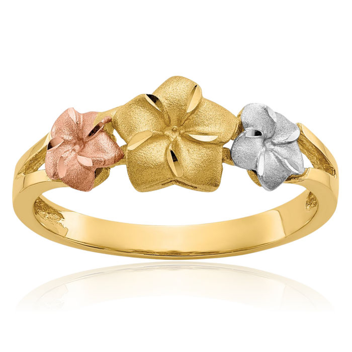 14K Solid Tri Color Pink White Yellow Gold Hawaiian Plumeria Flower Ring