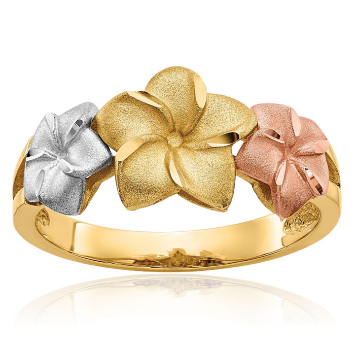 14K Solid Tri Color Pink White Yellow Gold Hawaiian Plumeria Flower Ring