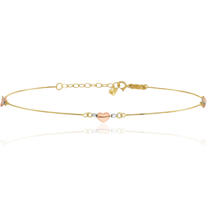 14K Solid Tri Color Pink White Yellow Gold Heart Anklet Summer Beach Foot Ankle Bracelet