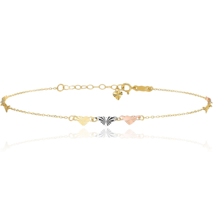 14K Solid Tri Color Pink White Yellow Gold Heart Anklet Summer Beach Foot Ankle Bracelet