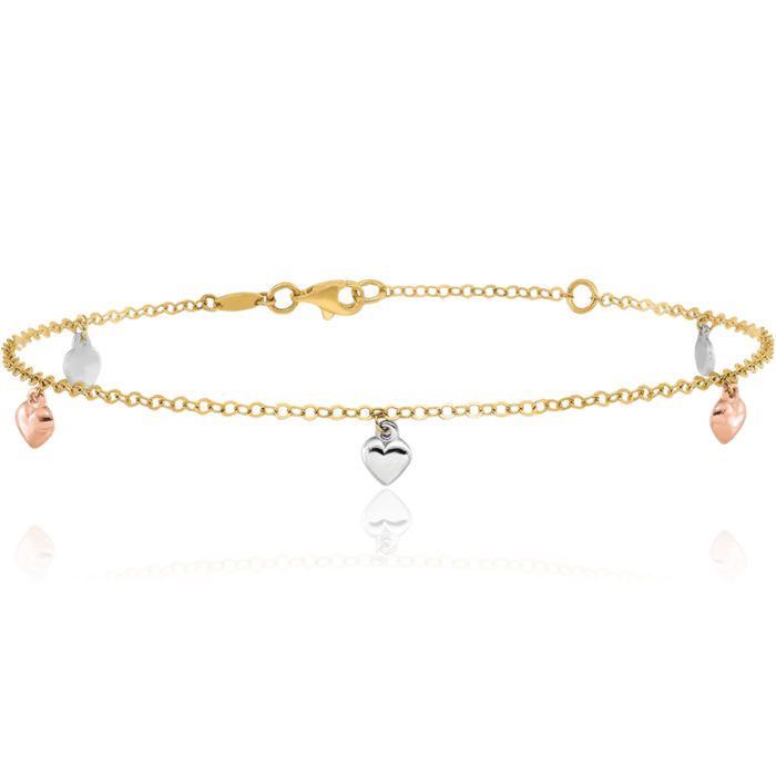 14K Solid Tri Color Pink White Yellow Gold Heart Anklet Summer Beach Foot Ankle Bracelet