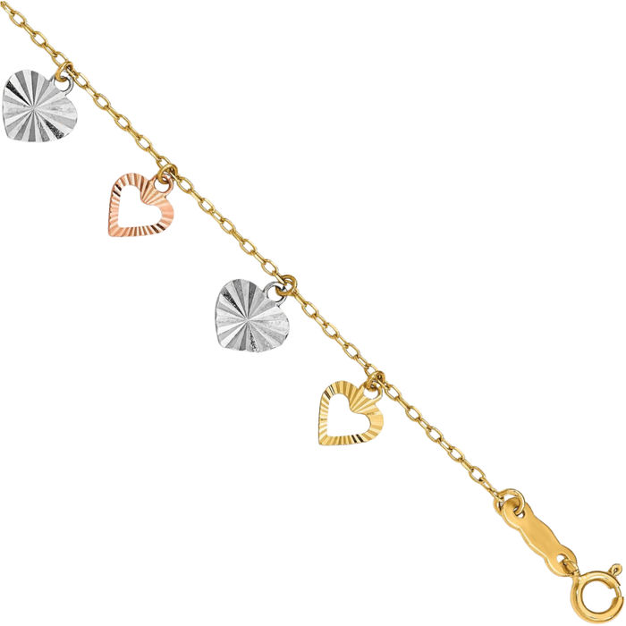 14K Solid Tri Color Pink White Yellow Gold Heart Chain Charm Bracelet