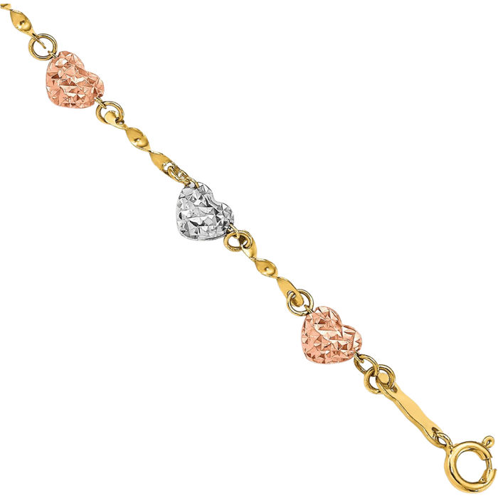 14K Solid Tri Color Pink White Yellow Gold Heart Chain Charm Bracelet