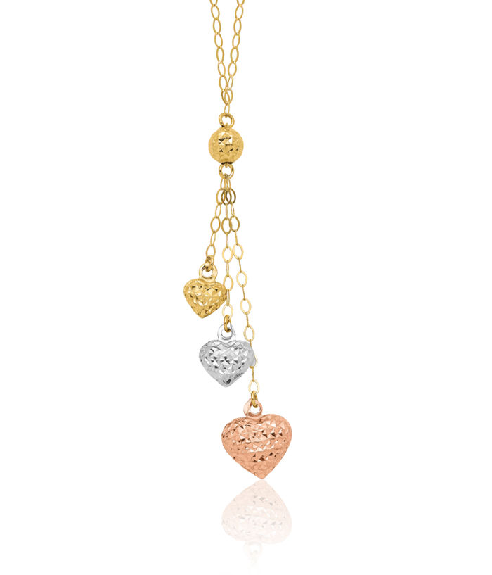 14K Solid Tri Color Pink White Yellow Gold Heart Lariat Necklace Chain