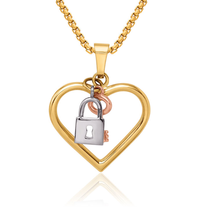 14K Solid Tri Color Pink White Yellow Gold Heart Lock Key Necklace Chain Pendant Charm