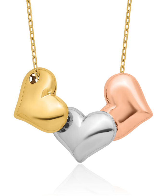 14K Solid Tri Color Pink White Yellow Gold Heart Necklace Love Pendant Friendship Charm Chain