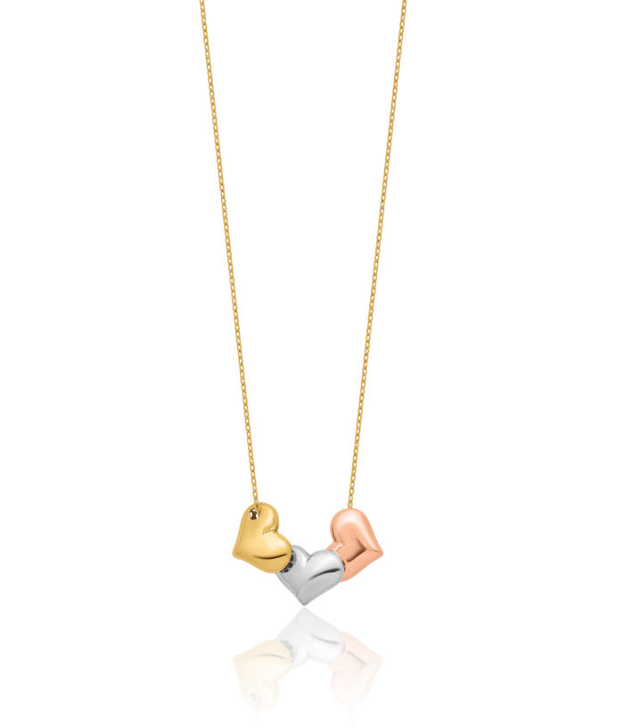 14K Solid Tri Color Pink White Yellow Gold Heart Necklace Love Pendant Friendship Charm Chain