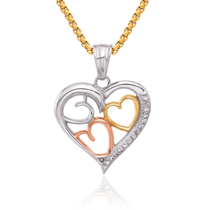 14K Solid Tri Color Pink White Yellow Gold Heart Necklace Love Pendant Charm