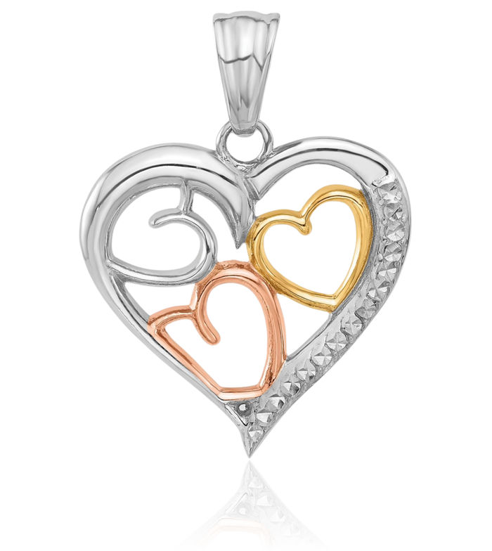 14K Solid Tri Color Pink White Yellow Gold Heart Necklace Love Pendant Charm