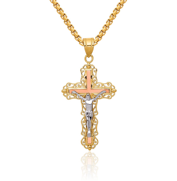 14K Solid Tri Color Pink White Yellow Gold Lord Jesus Christ Crucifix Holy Cross Necklace Religious Chain Pendant Charm