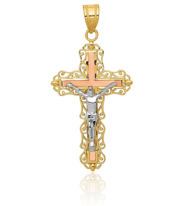 14K Solid Tri Color Pink White Yellow Gold Lord Jesus Christ Crucifix Holy Cross Necklace Religious Chain Pendant Charm