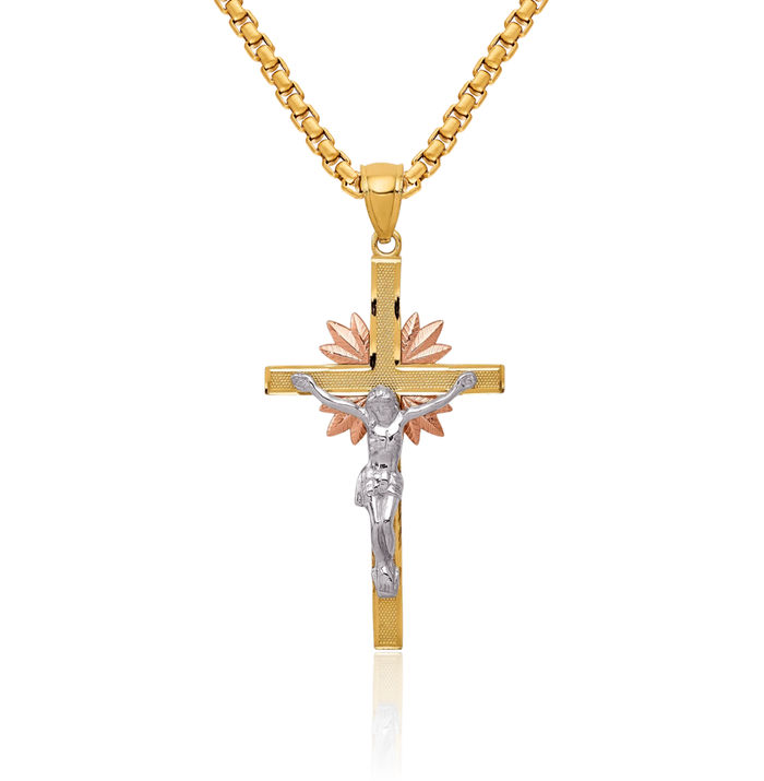 14K Solid Tri Color Pink White Yellow Gold Lord Jesus Christ Crucifix Holy Cross Necklace Heart Irish Claddagh Celtic Religious Chain Pendant Charm Jewelry