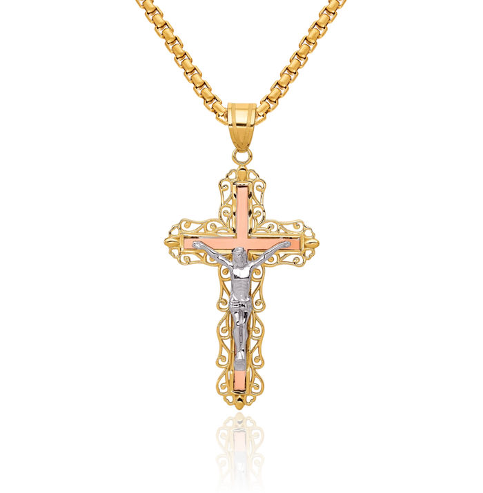 14K Solid Tri Color Pink White Yellow Gold Lord Jesus Christ Crucifix Holy Cross Necklace Religious Chain Pendant Charm