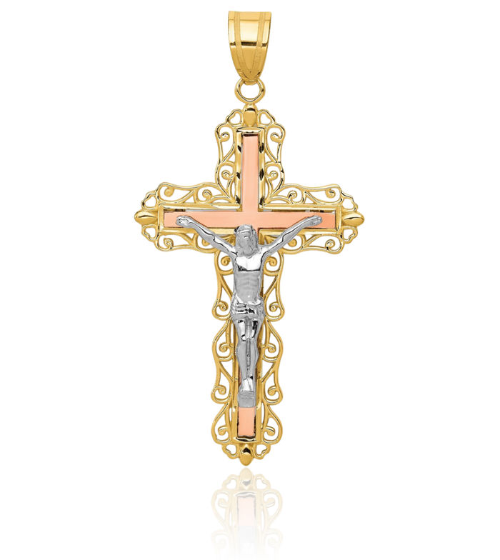 14K Solid Tri Color Pink White Yellow Gold Lord Jesus Christ Crucifix Holy Cross Necklace Religious Chain Pendant Charm
