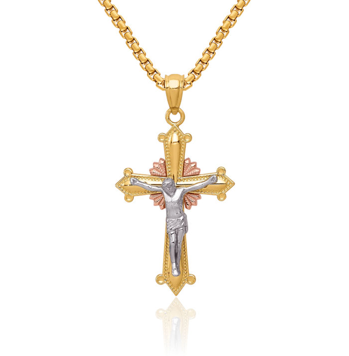 14K Solid Tri Color Pink White Yellow Gold Lord Jesus Christ Crucifix Holy Cross Necklace Heart Irish Claddagh Celtic Religious Chain Pendant Charm Jewelry