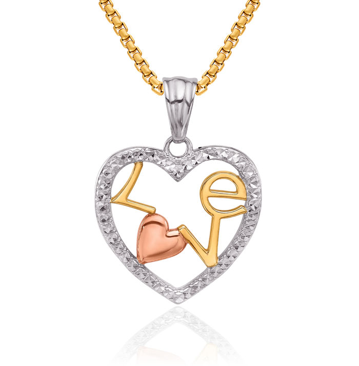 14K Solid Tri Color Pink White Yellow Gold Love Heart Necklace Chain Pendant Charm