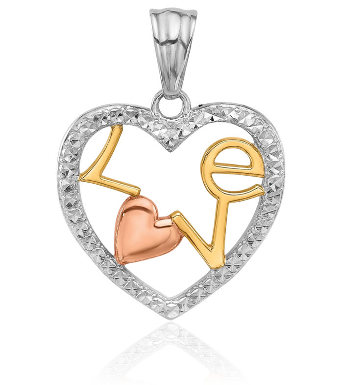 14K Solid Tri Color Pink White Yellow Gold Love Heart Necklace Chain Pendant Charm