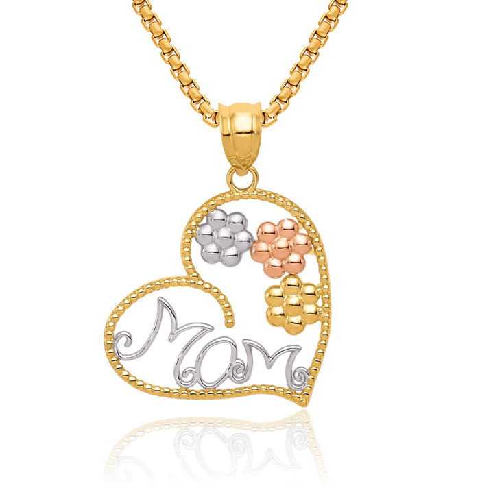 14K Solid Tri Color Pink White Yellow Gold Mom Flowers Necklace Mama Charm Mother Pendant