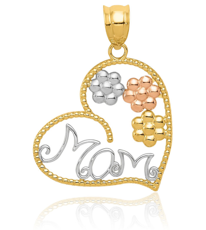 14K Solid Tri Color Pink White Yellow Gold Mom Flowers Necklace Mama Charm Mother Pendant