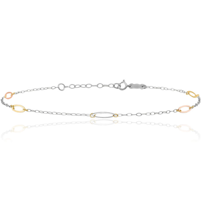 14K Solid Tri Color Pink White Yellow Gold Oval Link Anklet Summer Beach Foot Ankle Bracelet