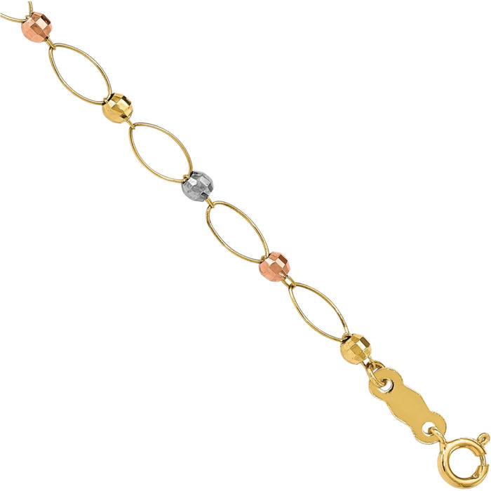 14K Solid Tri Color Pink White Yellow Gold Oval Link Beads Chain Bracelet