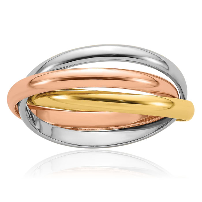 14K Solid Tri Color Pink White Yellow Gold Rolling Wedding Band Ring