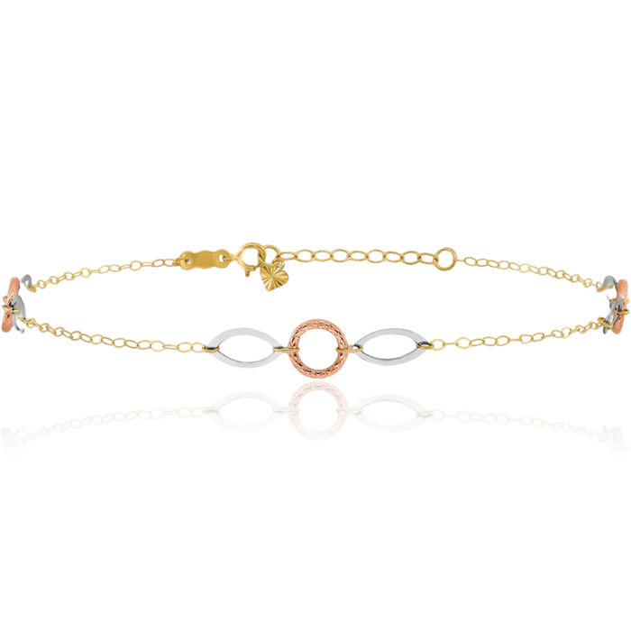 14K Solid Tri Color Pink White Yellow Gold Circle Round Oval Anklet Summer Beach Foot Ankle Bracelet