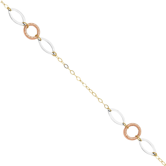 14K Solid Tri Color Pink White Yellow Gold Circle Round Oval Anklet Summer Beach Foot Ankle Bracelet