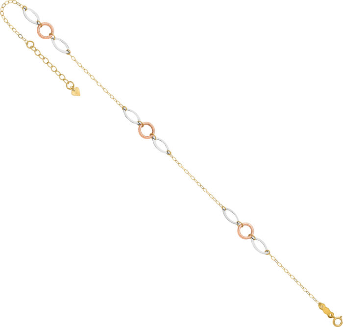 14K Solid Tri Color Pink White Yellow Gold Circle Round Oval Anklet Summer Beach Foot Ankle Bracelet