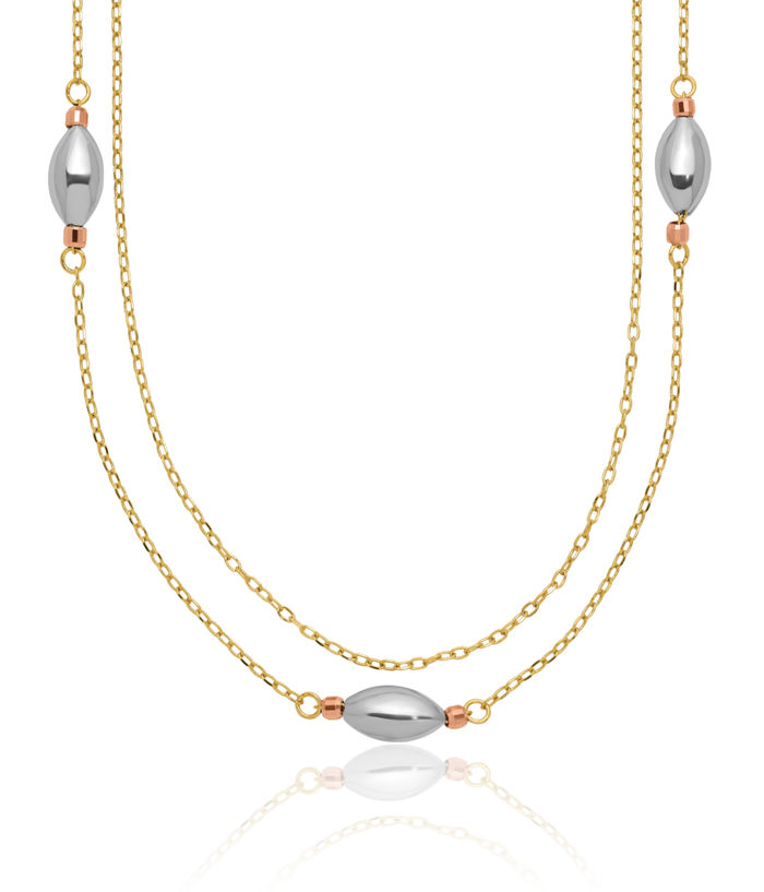 14K Solid Tri Color Pink White Yellow Gold Strand Beads Necklace Chain