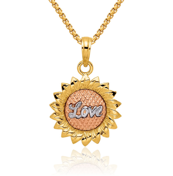 14K Solid Tri Color Pink White Yellow Gold Sunflower Necklace Daisy Pendant Sunshine Summer Flowers Charm