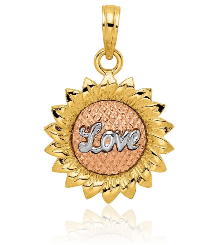 14K Solid Tri Color Pink White Yellow Gold Sunflower Necklace Daisy Pendant Sunshine Summer Flowers Charm