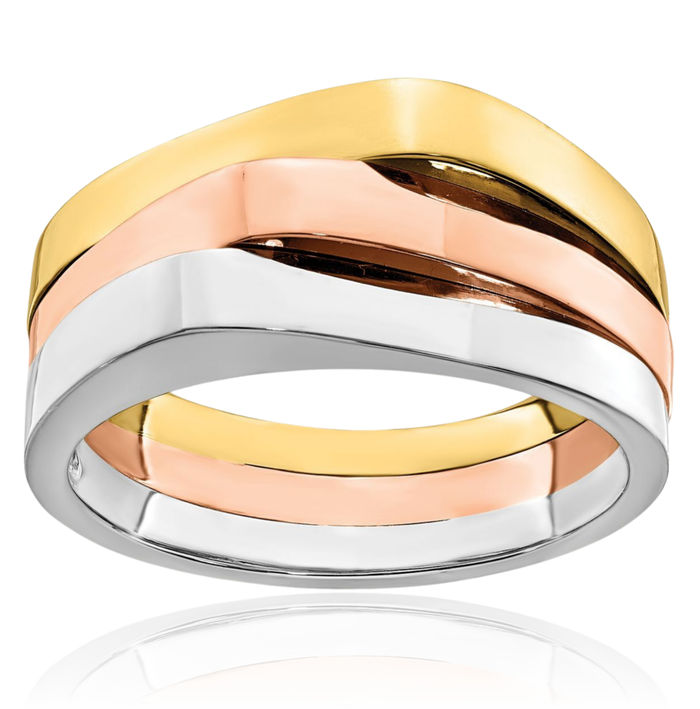 14K Solid Tri Color Pink White Yellow Gold Triple Peaked Chunky Dome Statement Ring