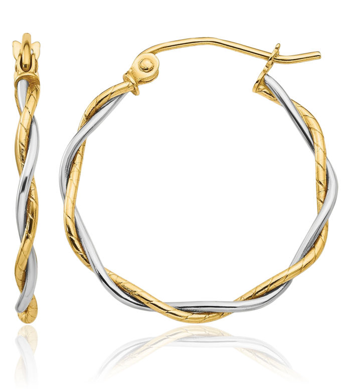 14K Solid Two Tone Gold 1.8mm Twisted Round Medium Hoop Earrings