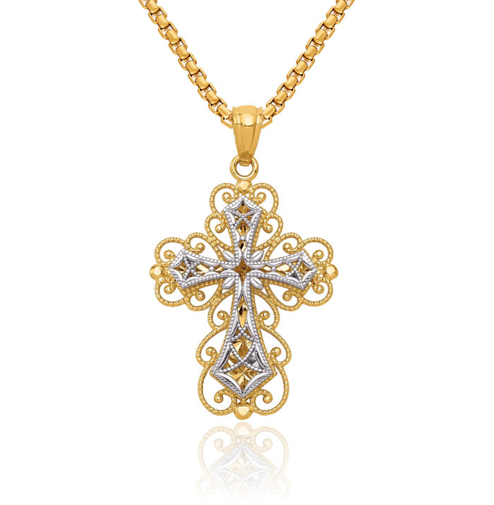 14K Solid Two Tone Gold 2 Level Antique Filigree Holy Cross Necklace Religious Chain Pendant Jesus Christ Charm