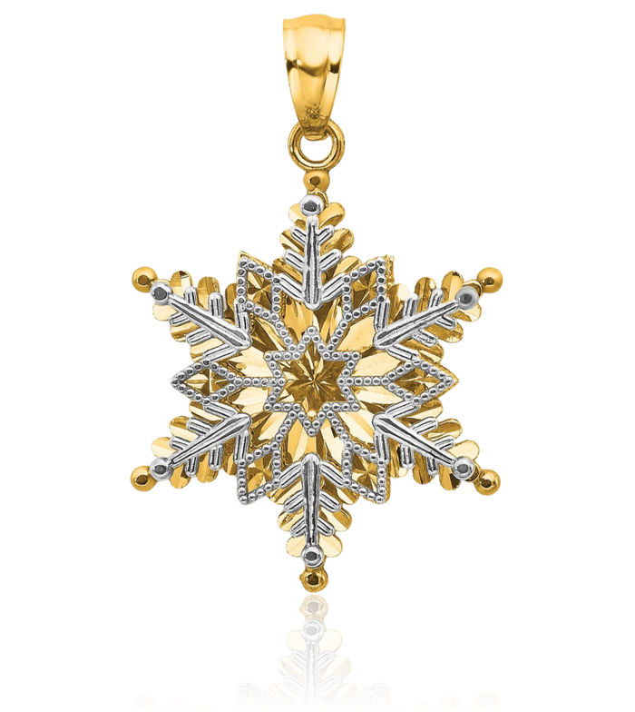 14K Solid Two Tone Gold 2 Level Snowflake Necklace Chain Pendant Charm