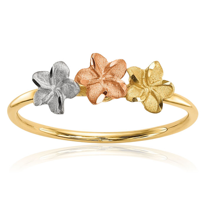 14K Solid Two Tone Gold White 3 Flower Ring