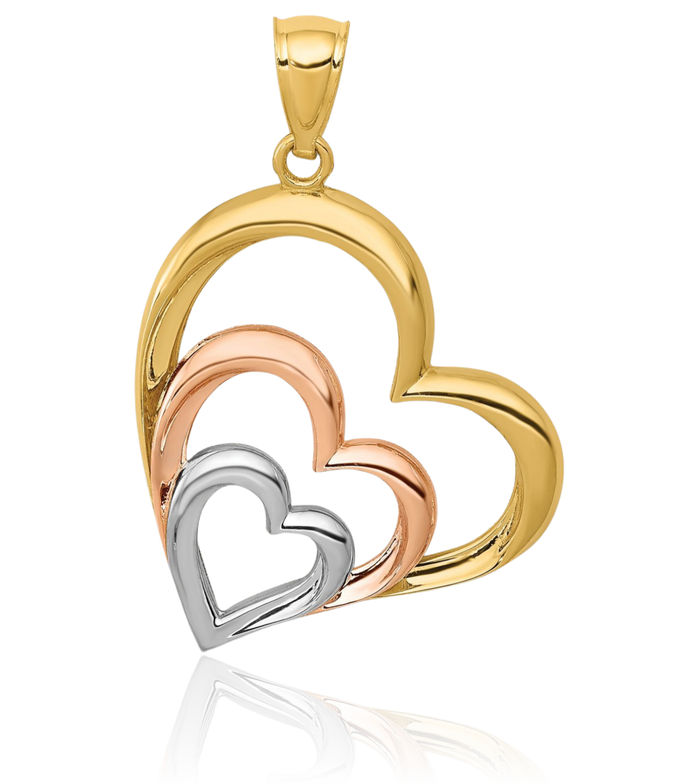 14K Solid Two Tone Gold White 3 Heart Necklace Love Pendant Charm