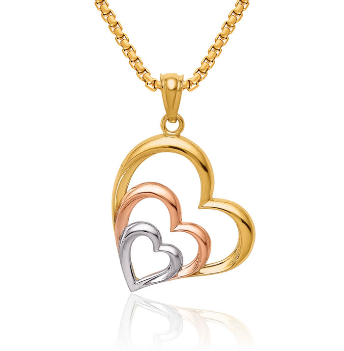 14K Solid Two Tone Gold White 3 Heart Necklace Love Pendant Charm