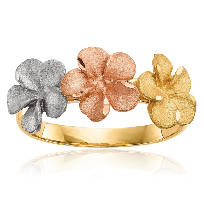 14K Solid Two Tone Gold White 3 Plumerias Flower Ring