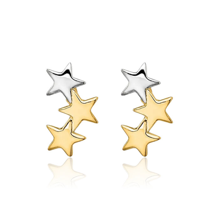 14K Solid Two Tone Yellow White Gold 3 Star Stud Earrings