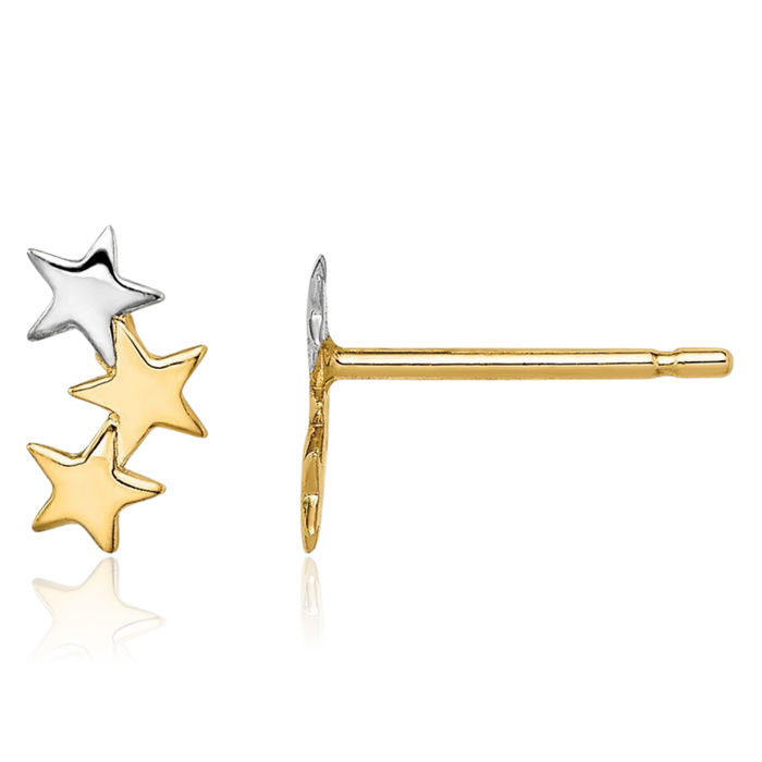 14K Solid Two Tone Yellow White Gold 3 Star Stud Earrings