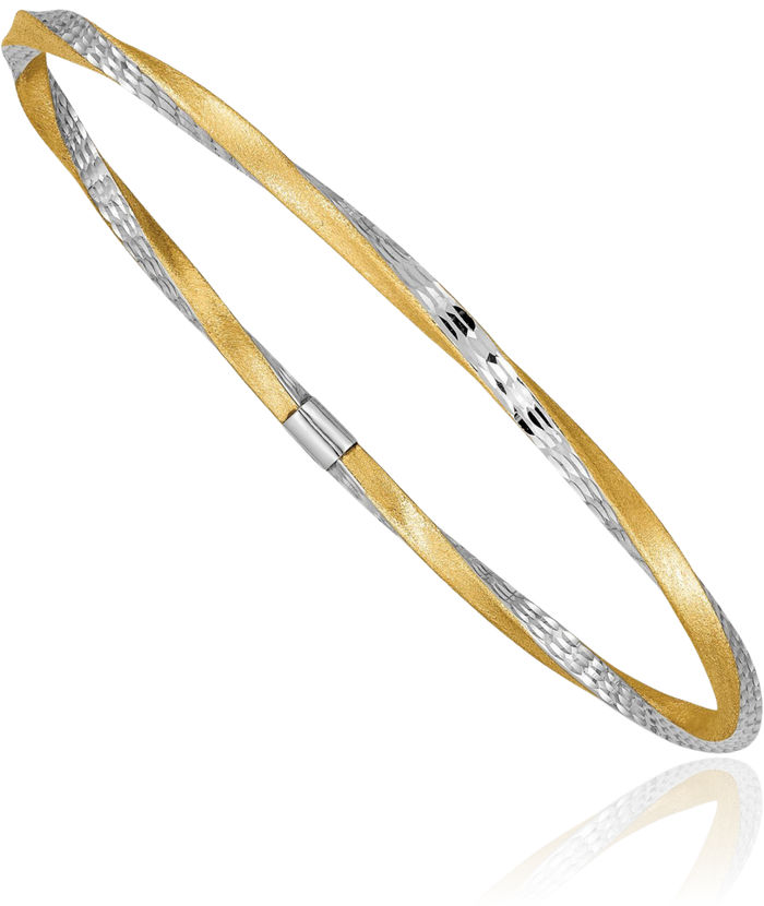 14K Solid Two Tone Yellow White Gold 3mm Twisted Slip On Bangle Bracelet