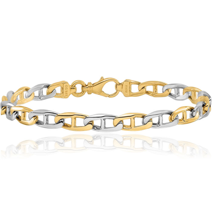 14K Solid Two Tone Gold 6.5mm Link Chain Bracelet