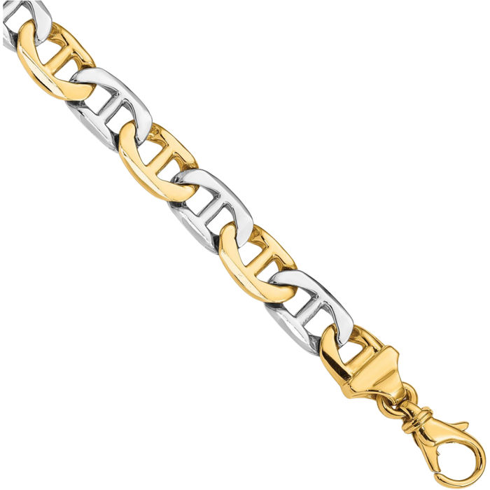 14K Solid Two Tone Gold 8mm Anchor Mariner Link Chain Bracelet