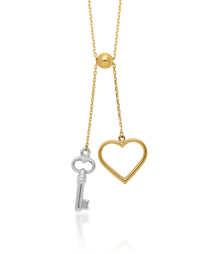 14K Solid Two Tone Gold Adjustable Dangling Heart Key Chain Necklace