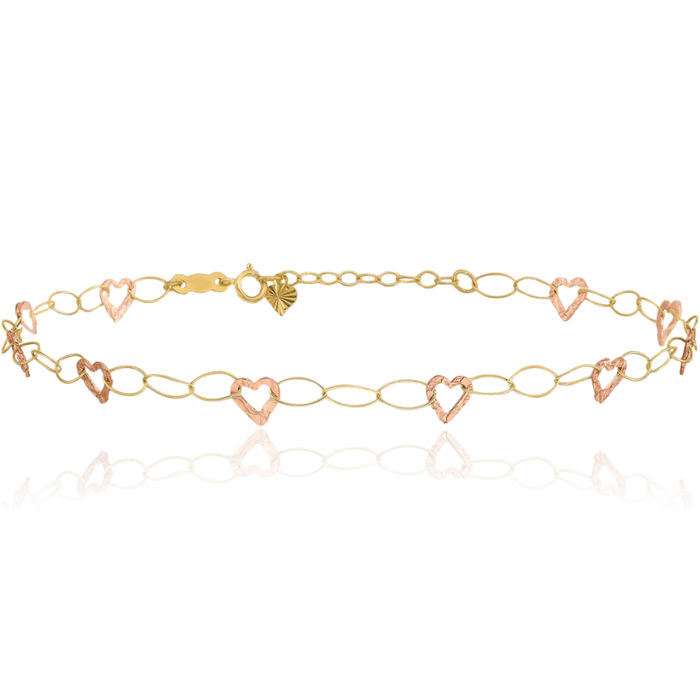 14K Solid Two Tone Gold Adjustable Heart Anklet Summer Beach Foot Ankle Bracelet