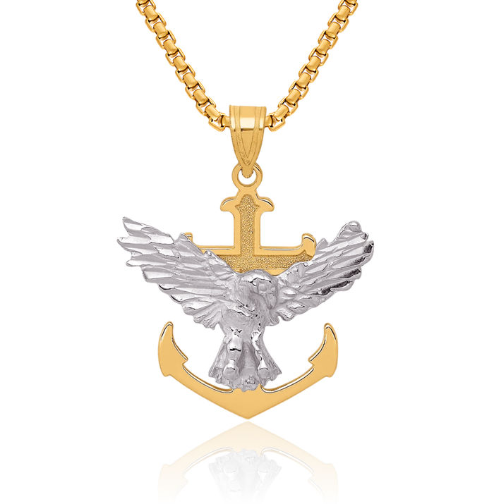 14K Solid Two Tone Gold Anchor Mariner Holy Cross Eagle Necklace American Hawk Bird Head Religious Jesus Christ Pendant Symbol of Strength Freedom Nautical Charm