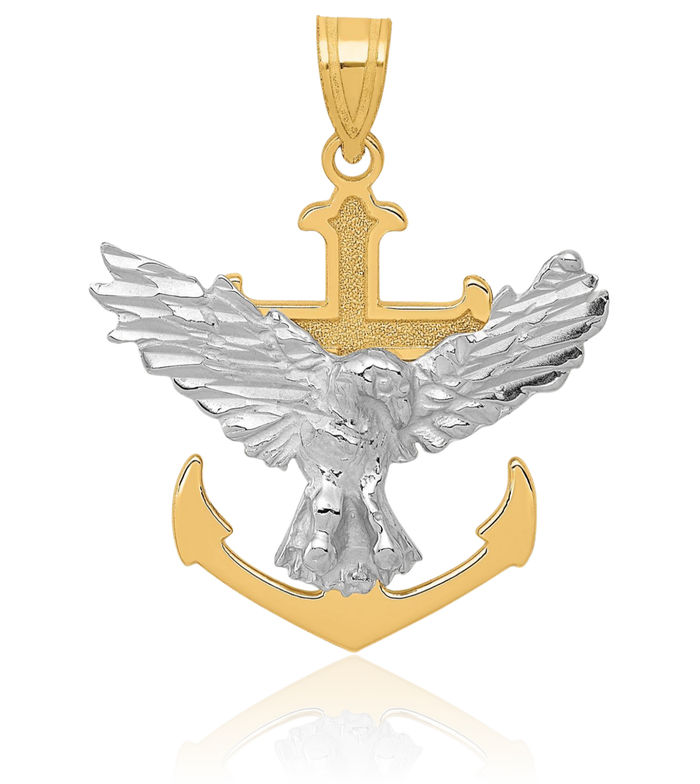 14K Solid Two Tone Gold Anchor Mariner Holy Cross Eagle Necklace American Hawk Bird Head Religious Jesus Christ Pendant Symbol of Strength Freedom Nautical Charm