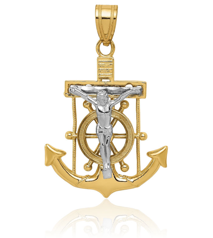 14K Solid Two Tone Gold Anchor Mariner Holy Cross Necklace Religious Chain Pendant Jesus Christ Nautical Charm